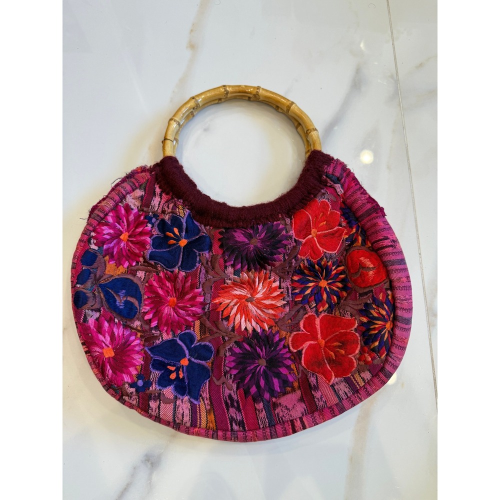 Boho Floral Embroidered Handbag Bamboo Handle Woven Pink Purple Hobo Bag